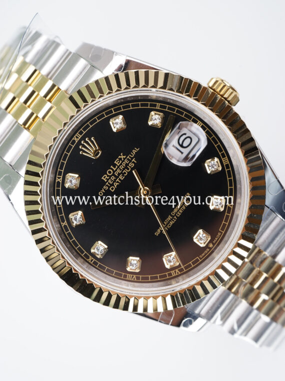 Rolex DateJust Black Diamond Dial Fluted Jubilee Bi Color Yellow Gold 41MM BP