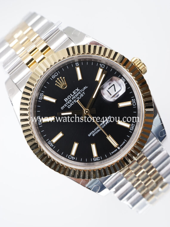 Rolex DateJust Black Dial Fluted Jubilee Bi Color Yellow Gold 41MM BP