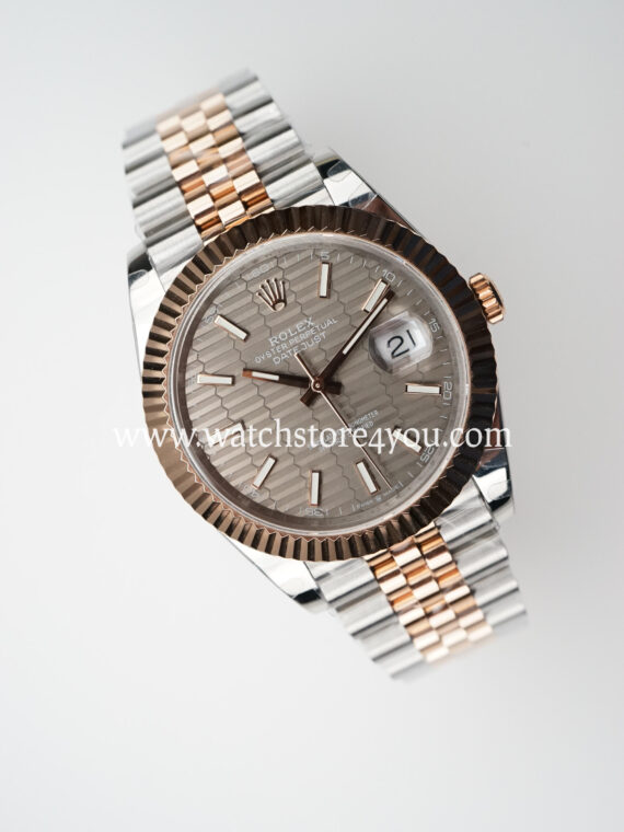 Rolex DateJust Rhodium Grey Motif Fluted Jubilee Bi Color Rose Gold 41MM BP