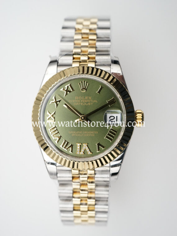 Rolex DateJust Green Roman Diamond Dial Fluted Jubilee Bi Color Yellow Gold 31MM BP