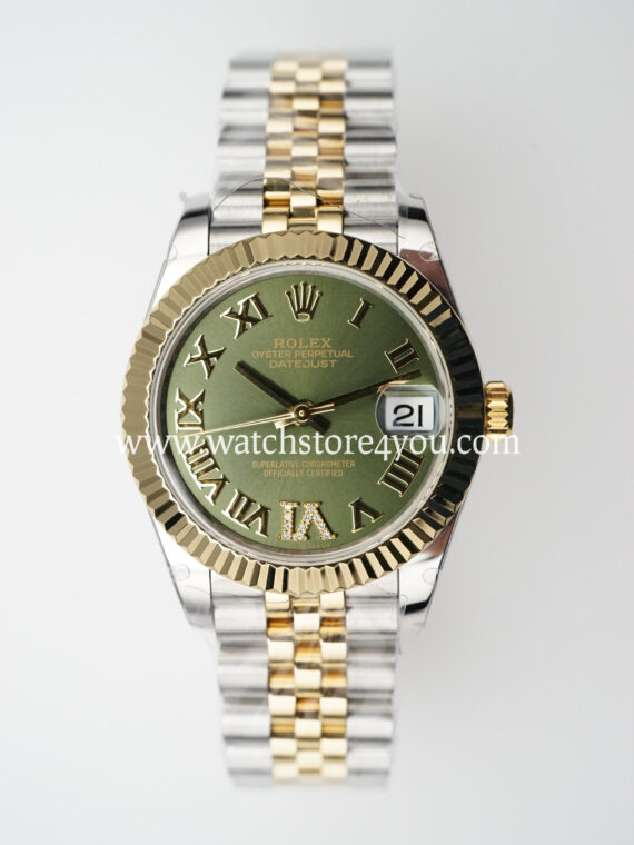 Rolex DateJust Green Roman Diamond Dial Fluted Jubilee Bi Color Yellow Gold 31MM BP